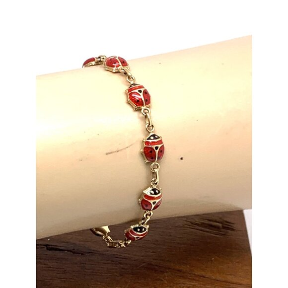 Red Lady Bug Bracelet 14k Yellow Gold Chain Women's 6.5'' Wrist Estate Jewelry - Picture 13 of 13